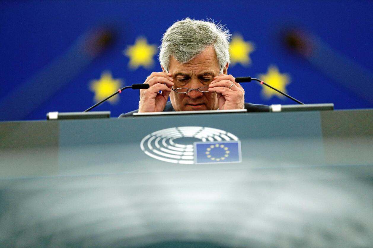 EU-parlamentet har hatt plenumssamling i Strasbourg denne uka. Bildet viser EU-parlamentets president Antonio Tajani. Foto: Jean-François Badias / AP / NTB scanpix
