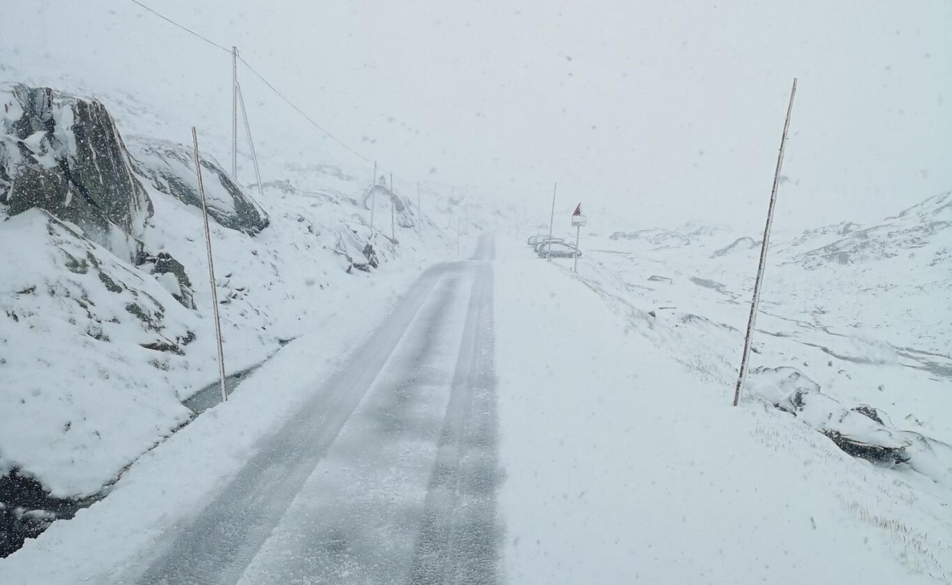 Flere fjelloverganger er stengt som følge av snøvær og vanskelige kjøreforhold. Her et bilde fra Sognefjellet torsdag morgen.Foto: Torstein Nordal / NTB