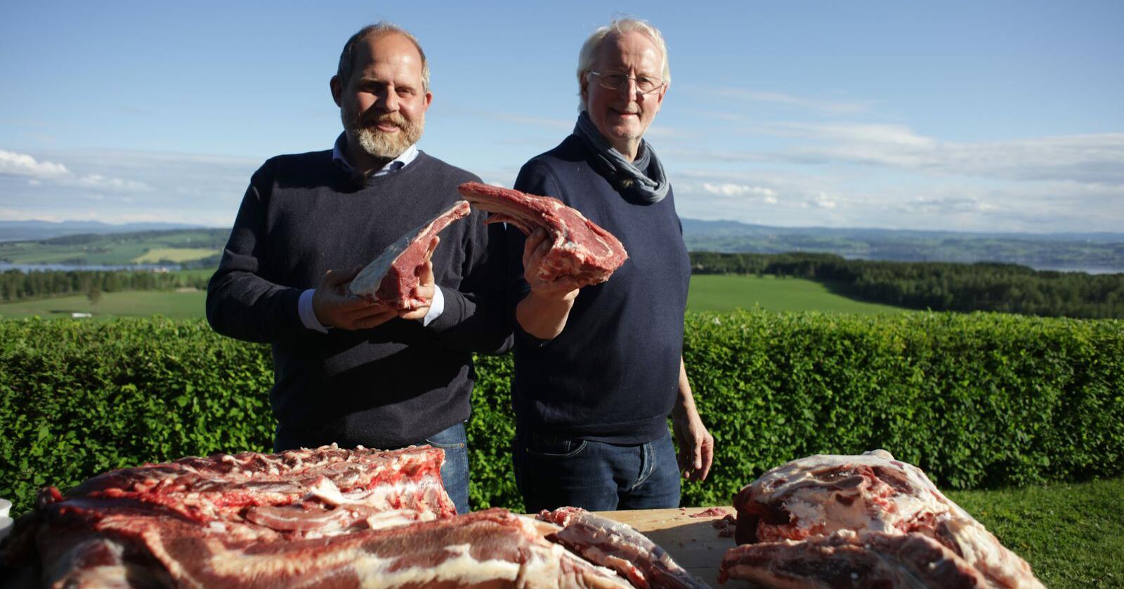 Truls Svendsen og Eyvind Hellstrøm lager mat av blant annet deilig norsk kalvekjøtt fra Hedmarken i den nye sesongen av «Truls à la Hellstrøm» på TV 2. Foto: TV 2