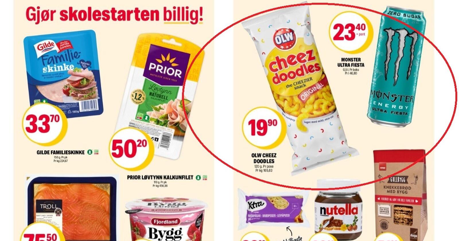 Coop Extra reklamerer for ostepop og energidrikk til skolestart i kundeavisa. Foto: Privat 