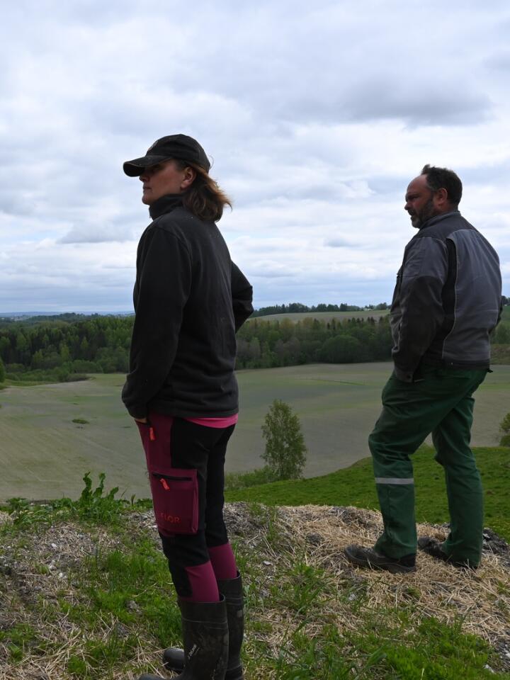 UTSIKT: Kirsti Mæland og Harald Dahl skuer ut over ravinedalene, eller hagebeitene som de kaller det. 