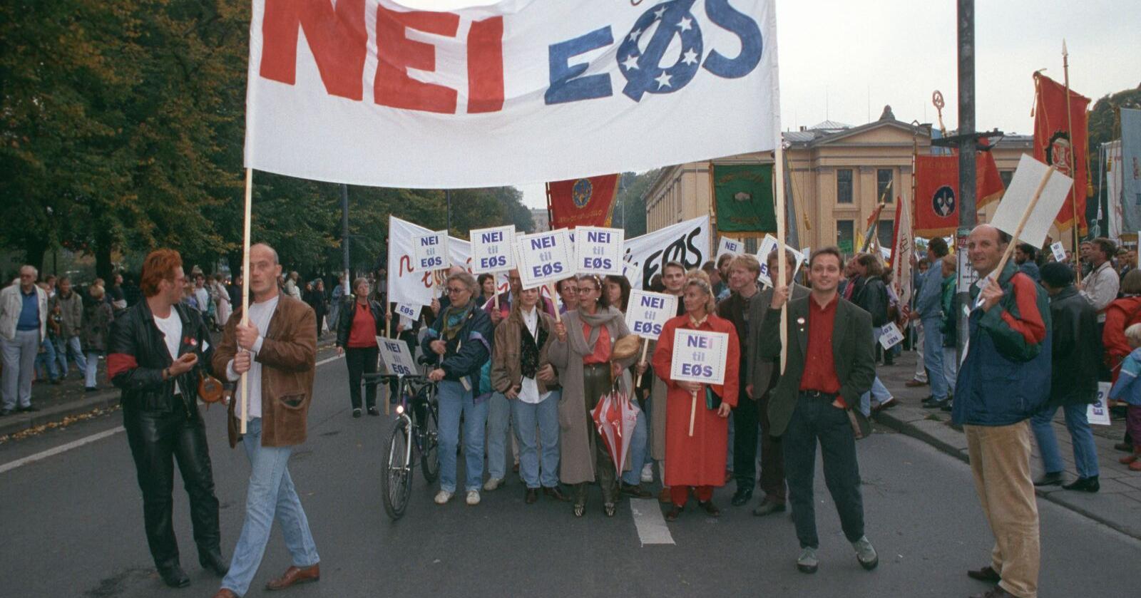 Her Nei til EF som demonstrerer mot EØS-avtalen i 1992. 
Foto: Morten Holm / NTB  