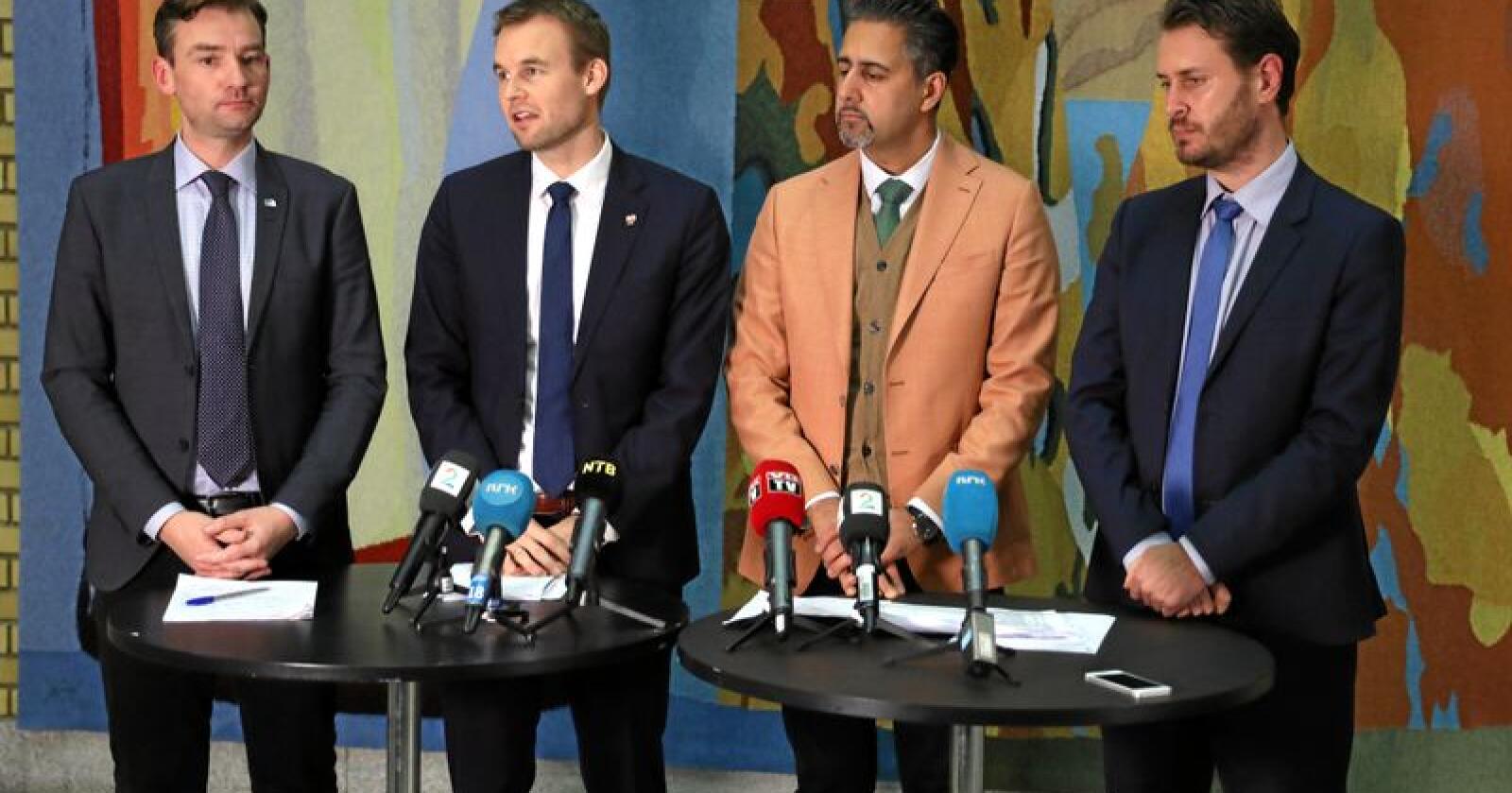 Avtale: Budsjettavtalen ble presentert av de fire partienes finanspolitiske talspersoner, Foto: Ørn Borgen / NTB scanpix