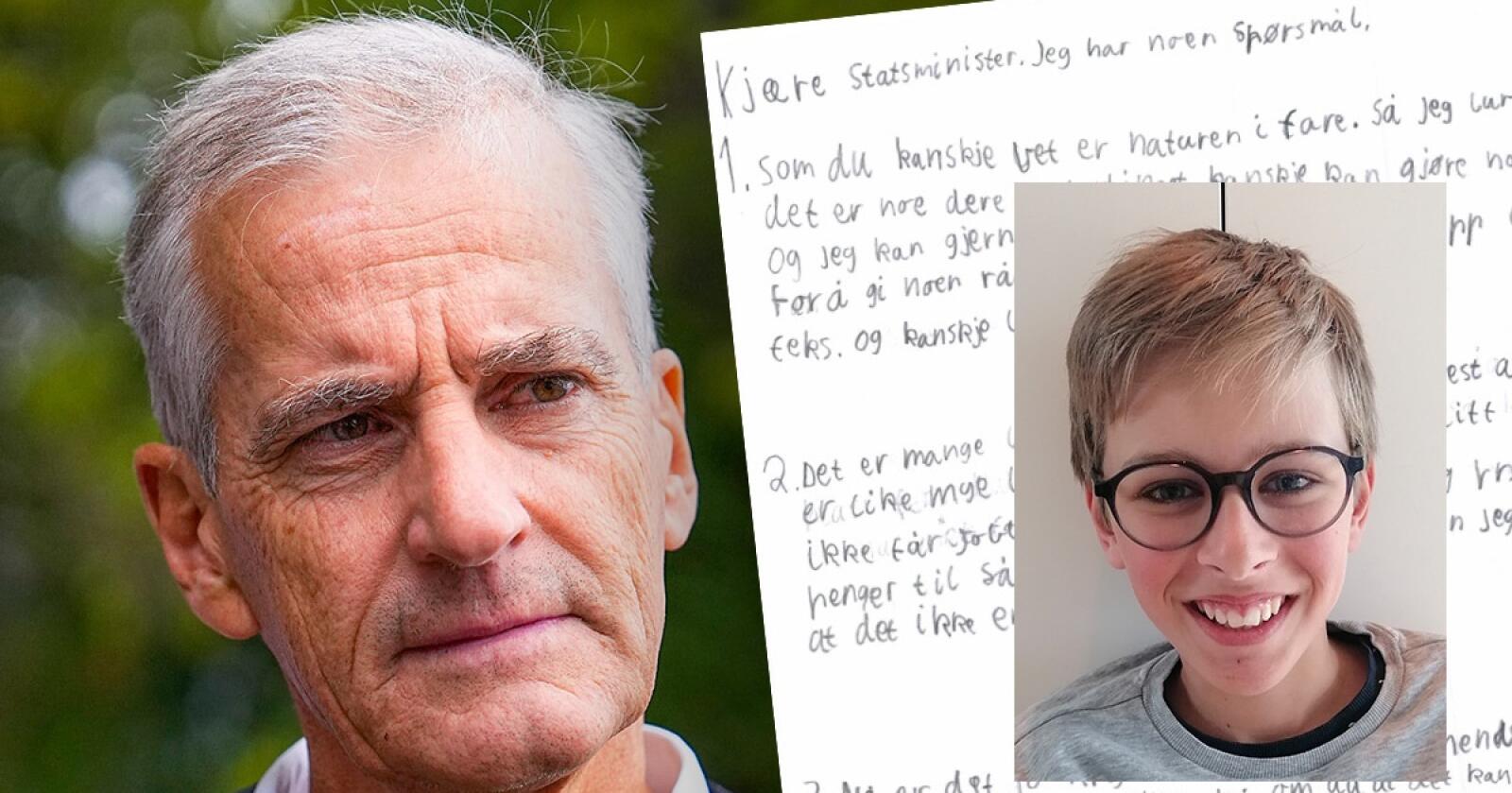 Ask (12) sendte brev til Jonas Gahr Støre. Nå har Ål-gutten fått svar. Kollasj: Jarand Ullestad Foto: NTB / Privat