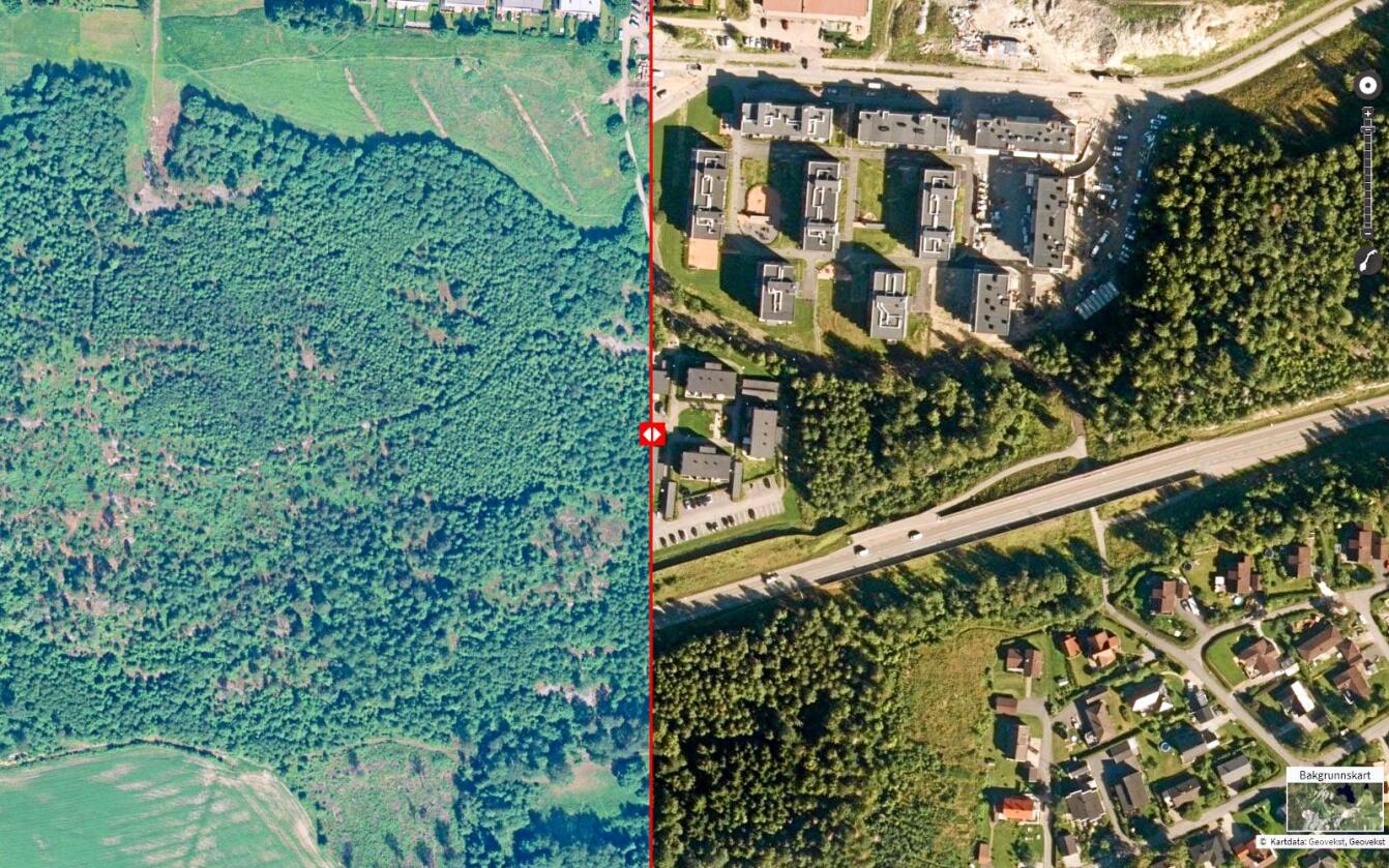 Bildene viser endringen i arealbruk fra skog til bebyggelse. Her kan du se hvordan endringer i arealbruk påvirker stedet der du bor, eller der du har hytte. Bildet er fra Ski i Akershus. Foto: Nibio Kilden