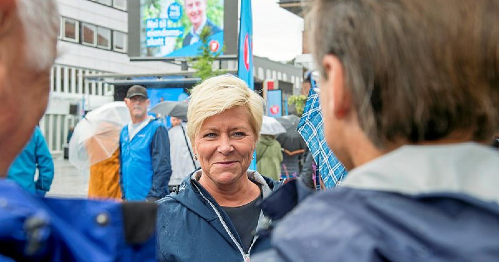 Ved forrige valg fikk Frp nesten 40 prosents oppslutning i Vestlandskommunen Os. Lørdag åpnet Siv Jensen kommunevalgkampen i Frp-bastionen. Foto: Marit Hommedal / NTB scanpix