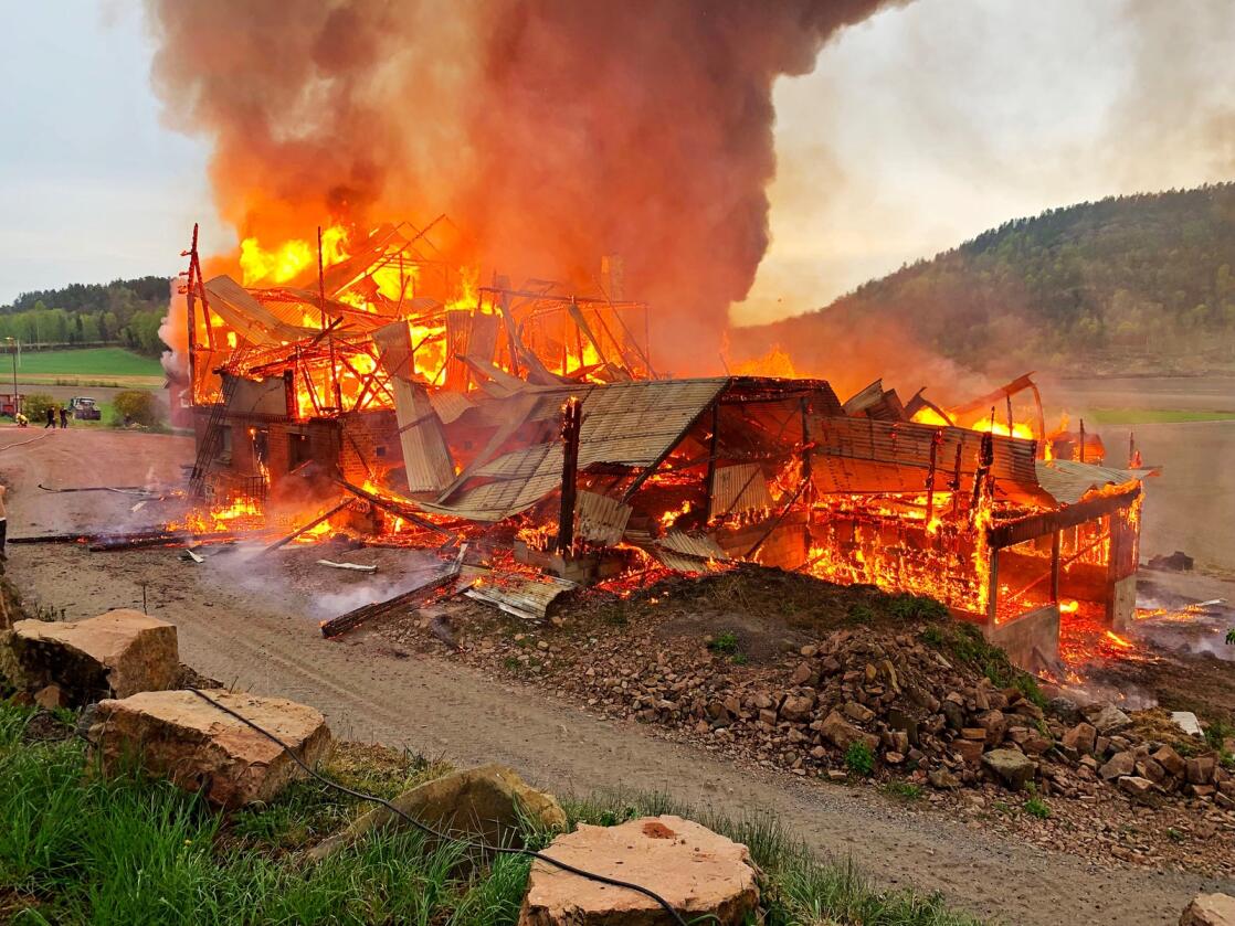 Ramnes: Grisefjøset på Ramnes brant ned til grunnen 10. mai. (Foto: Vestfold Interkommunale Brannvesen)