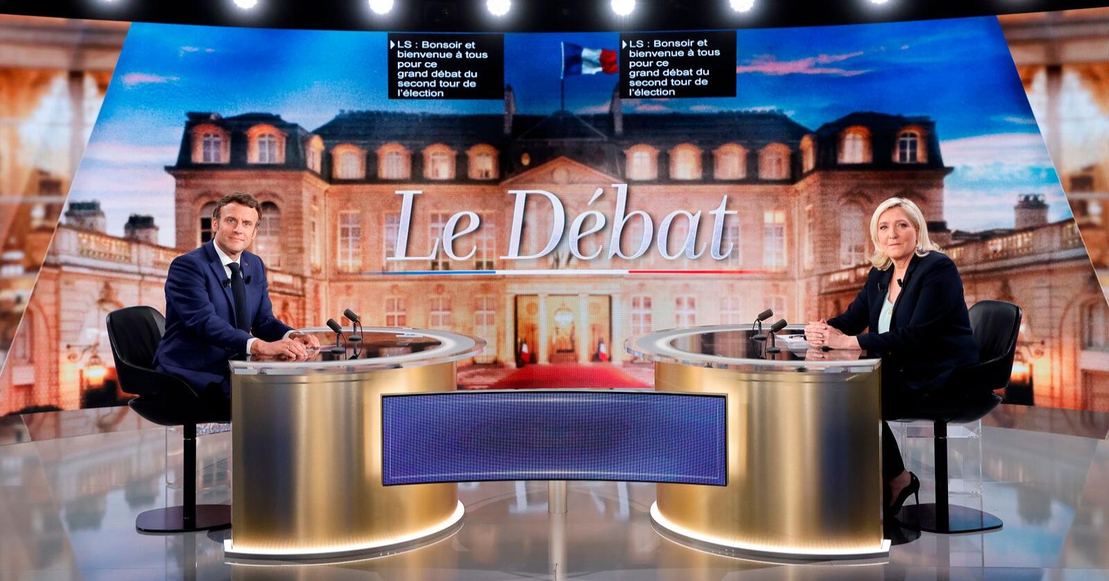 Presidentdebatten: Emmanuel Macron og Marine Le Pen. Macron anklager Le Pen for å ville "starte en borgerkrig". Foto: Ludovic Marin AP/NTB