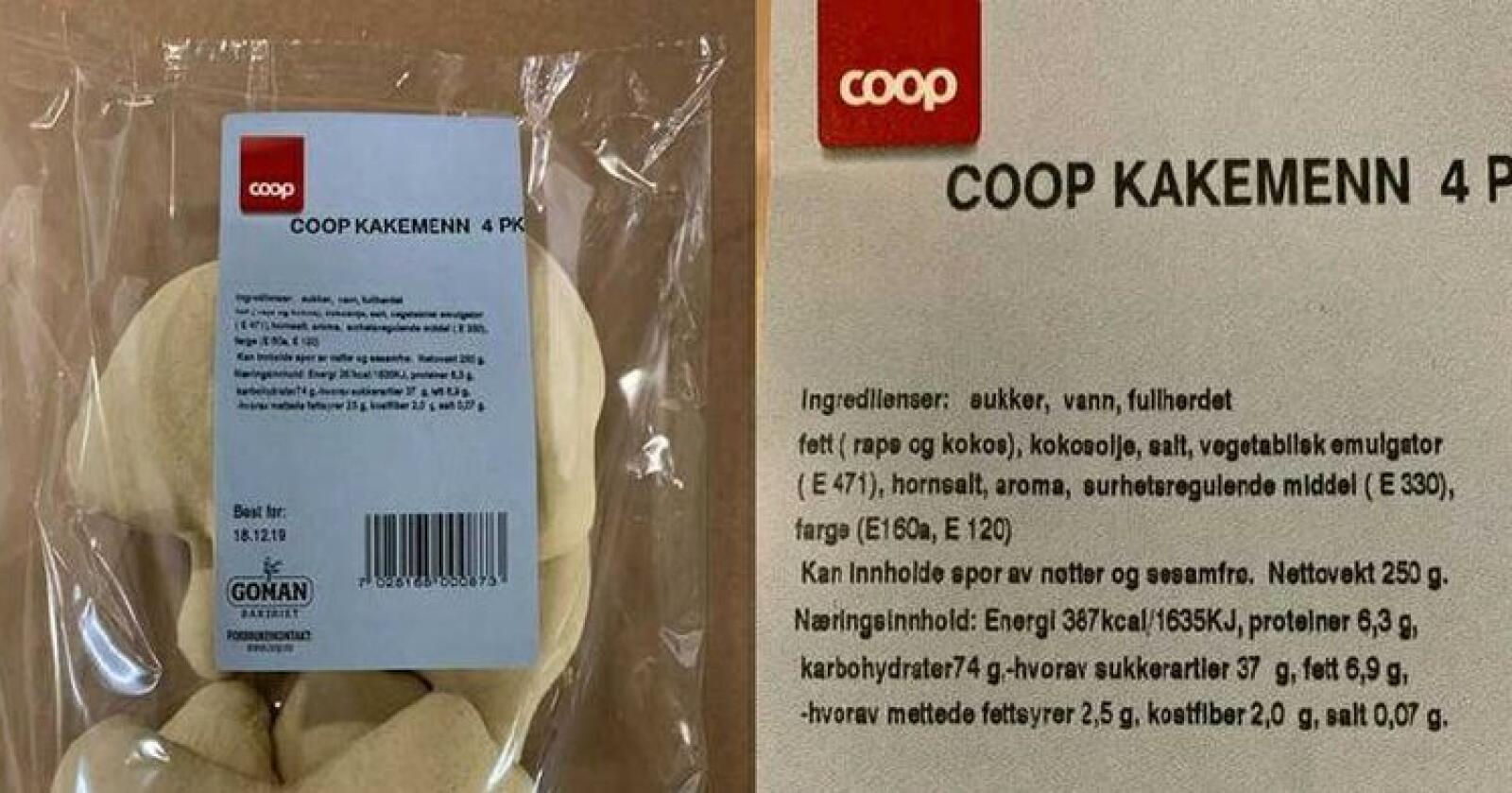 Goman Trondheim trekker tilbake alle batcher av produktet «COOP Kakemenn 250 g 4pk». Årsaken er manglende allergenmerking. Foto: Maportalen.no