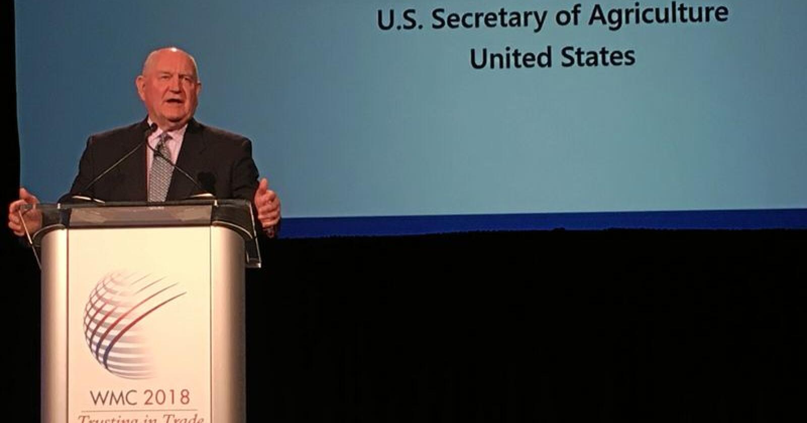 USAs landbruksminister Sonny Perdue på Verdens kjøttkongress. Foto: Michael Brøndbo