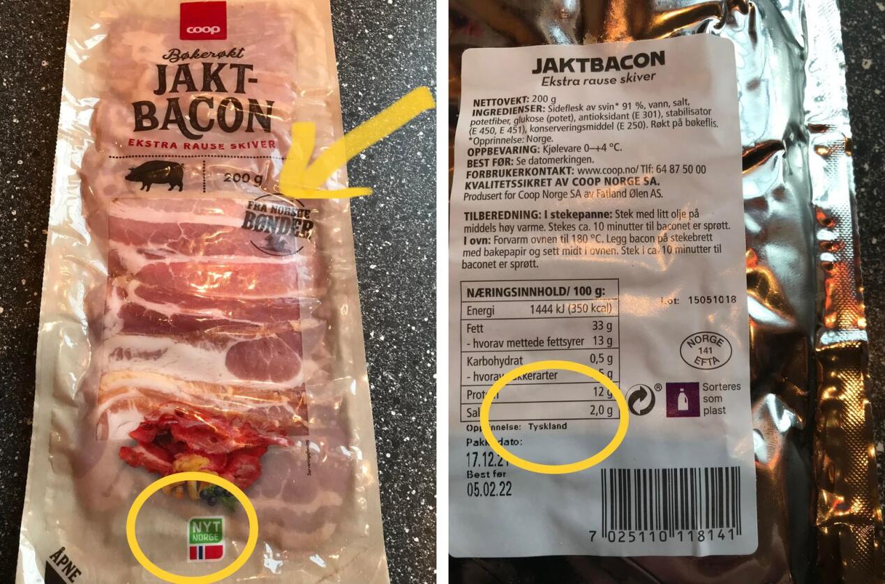 Dette bacon-produktet hos Coop Extra er helnorsk, men er merket med både norsk og tysk opprinnelse. Foto: Privat