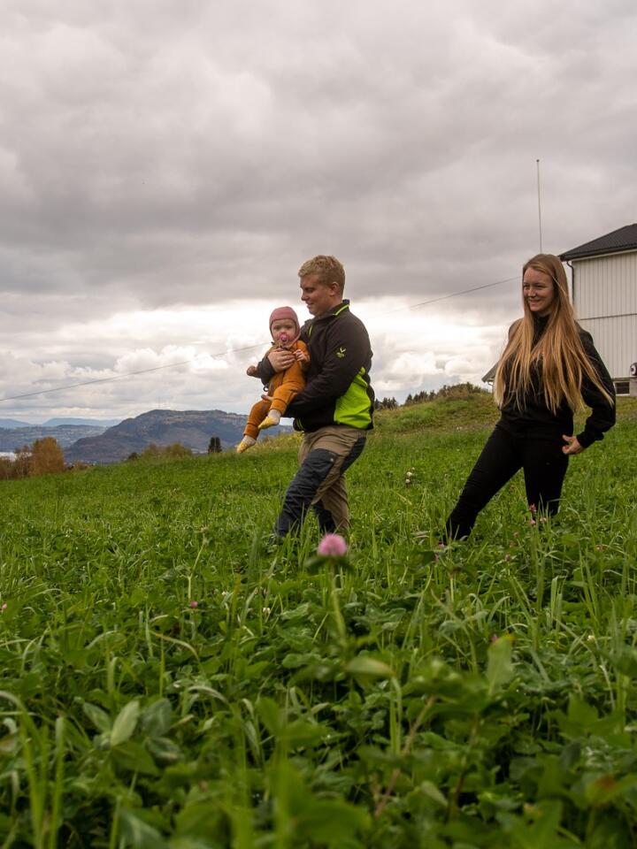 GROVFÔR: Hans Olav og Maren Grini har lyktes langt bedre med den økologiske enga i år enn i fjor. Foto: Morten Berntsen Livenengen, NLR
