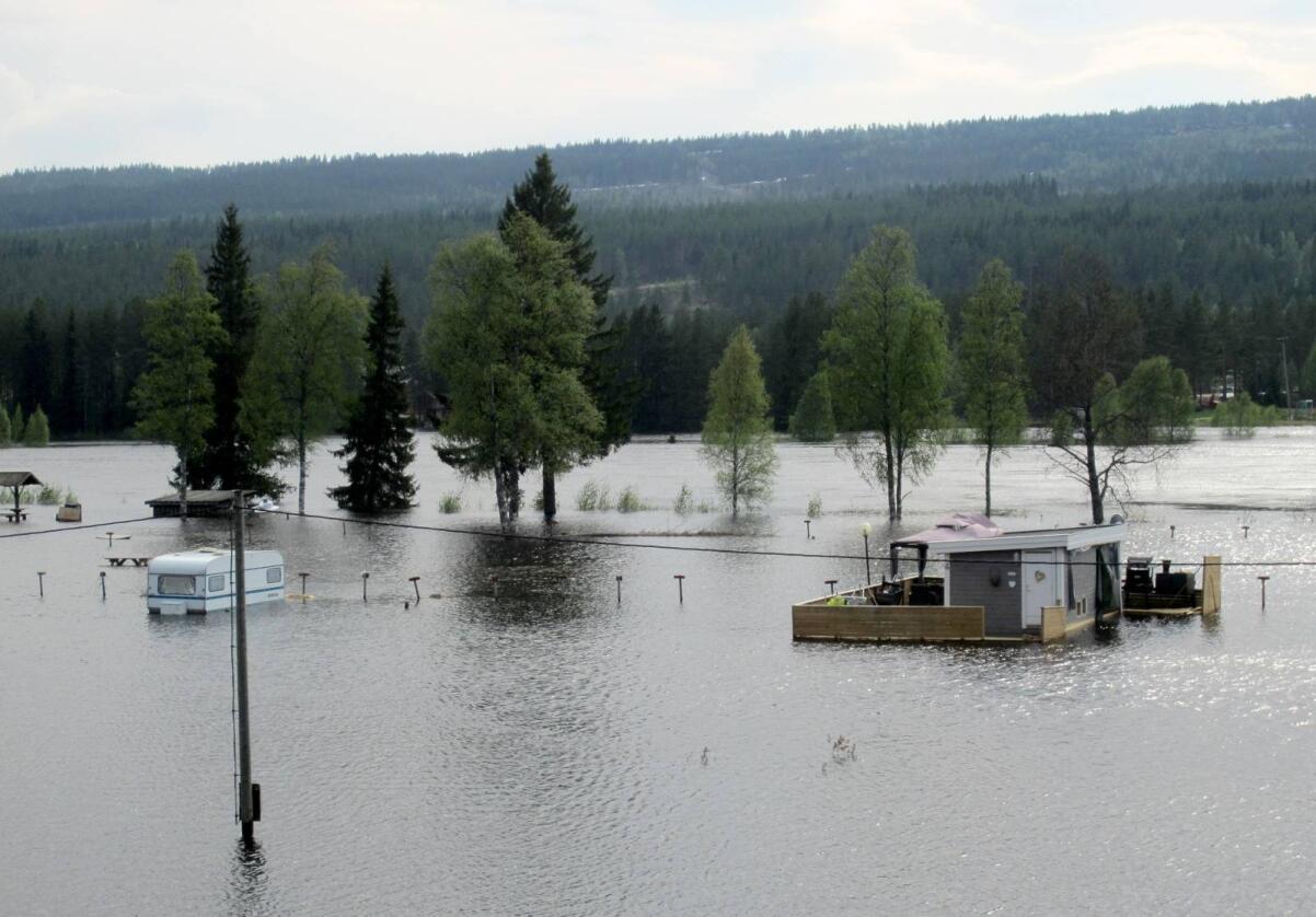 Trysilelva gikk fredag over sine bredder. Blant annet ble campingplassen i Innbygda oversvømmet. Foto: Kari Hagevik Bakke / NTB scanpix
