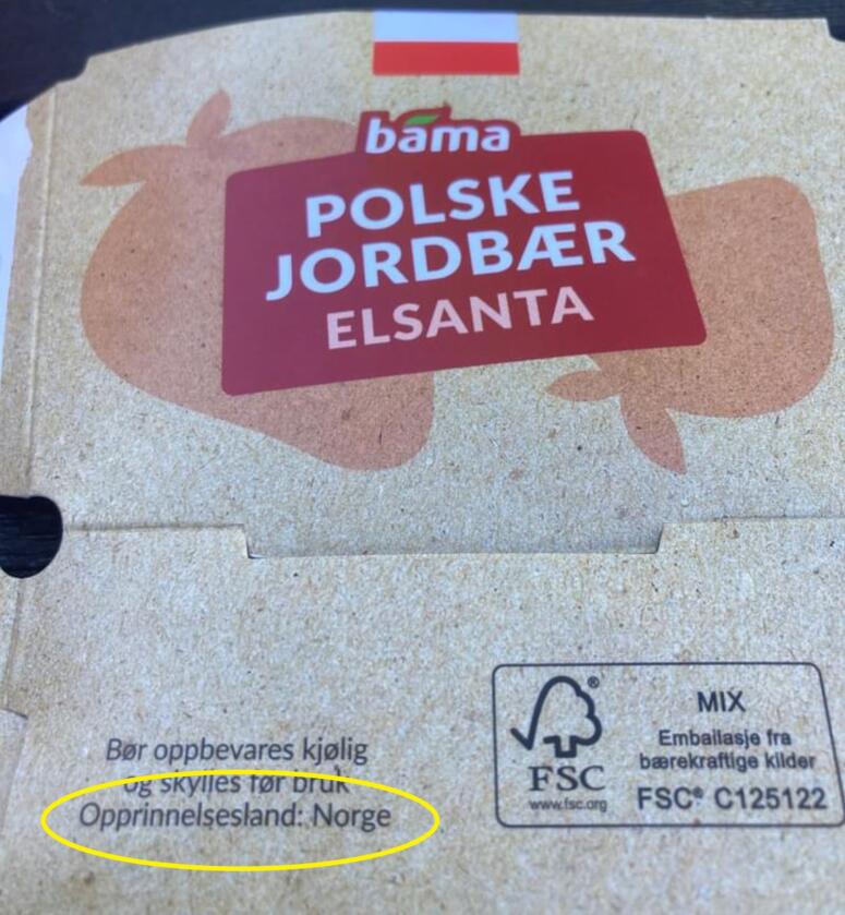 Denne emballasjen viser at polske jordbær fra Bama ble merket med Norge som opprinnelsesland. Foto: Privat 
