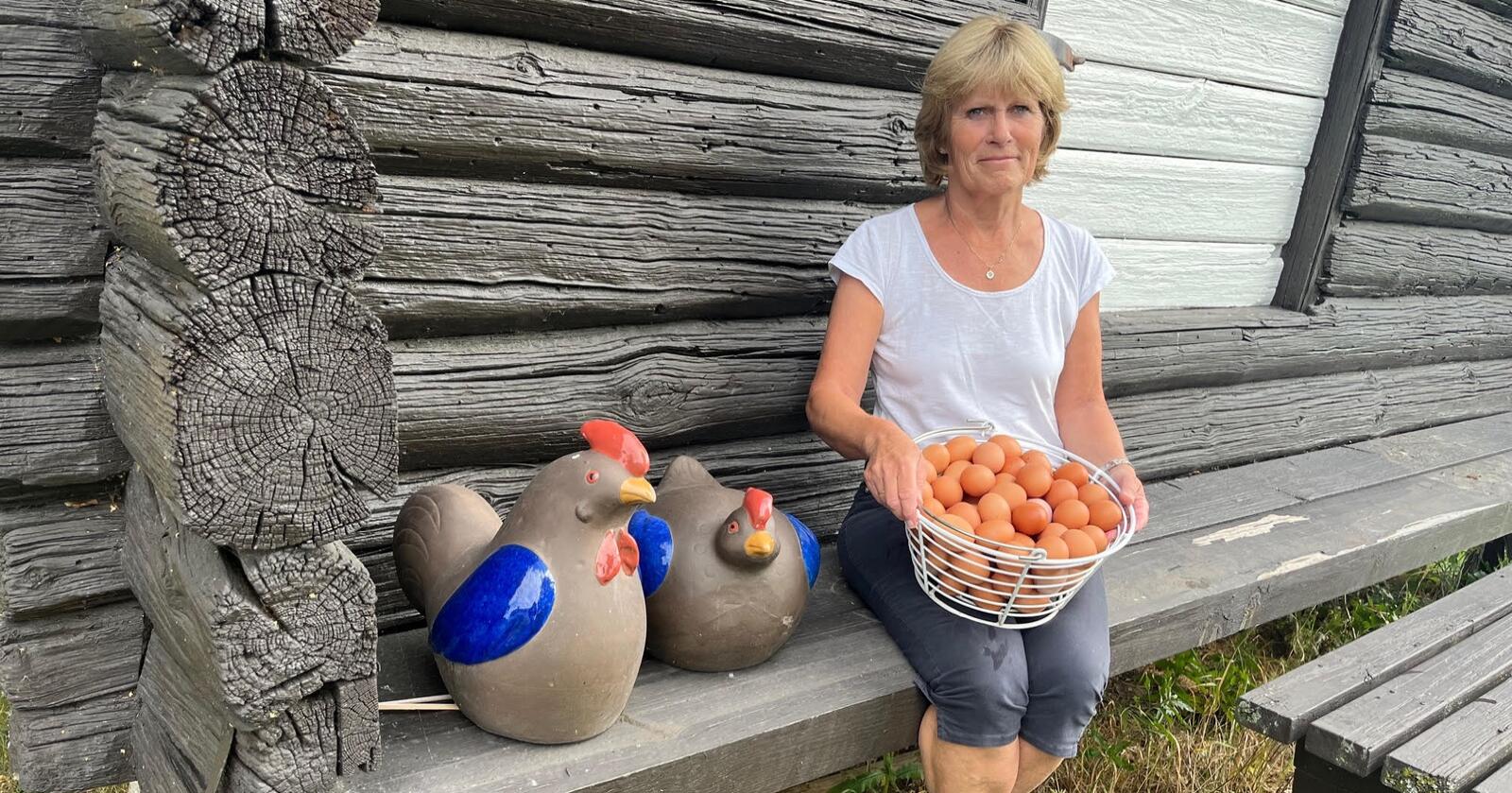 Inngunn Dalaker Øderud er styreleder i Norsk Fjørfelag. Hun fortviler over at overproduksjonen raserer eggprodusentenes økonomi. Foto: Privat