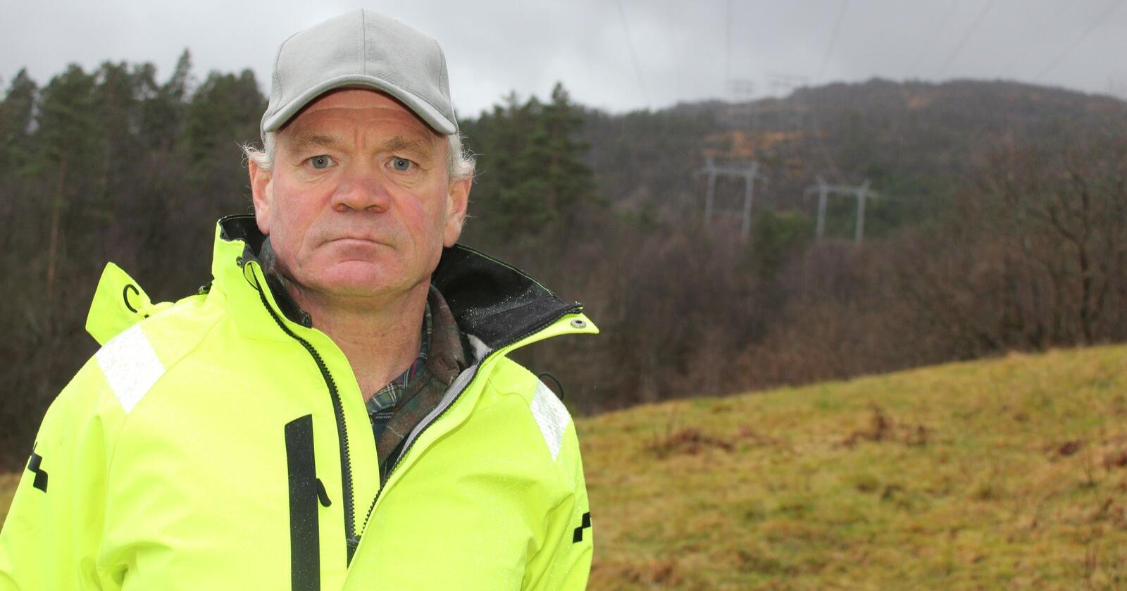 Dagfinn Birkeland er en av mange grunneiere som risikerer eiendomsskatt utløst av kraftlinjer over tomta. Foto: Privat.
