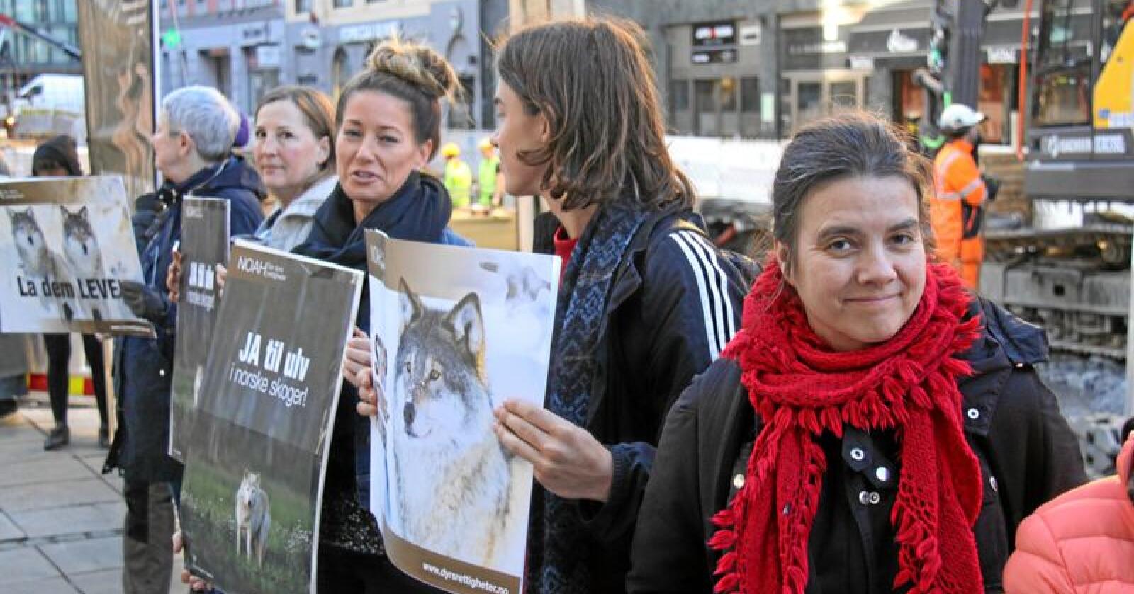 NOAH-leder Siri Martinsen fotografert utenfor Tinghuset i Oslo under en markering da organisasjonen WWF hadde trukket staten for retten i forbindelse med lisensjakt på ulv i fjor. Foto: Svein Egil Hatlevik