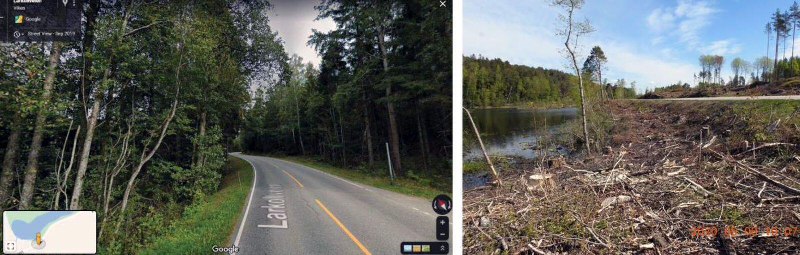 For retten ble det lagt fram bilder som viste naturreservatet før og etter kommunens hogst. Foto: Google streetview/ Politiet