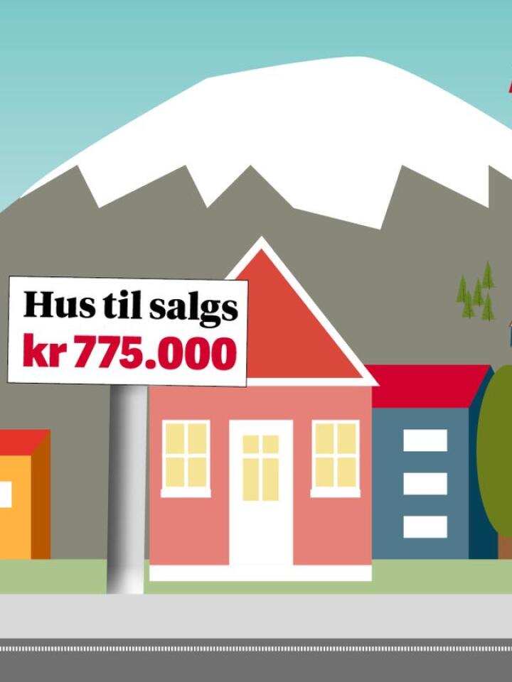 Mens industribygda Rjukan lenge har vært kjent for å ha lave boligpriser, går leiligheter og hytter ved Gaustatoppen for en mangedoblet pris. Illustrasjon: Käthe Friess. 