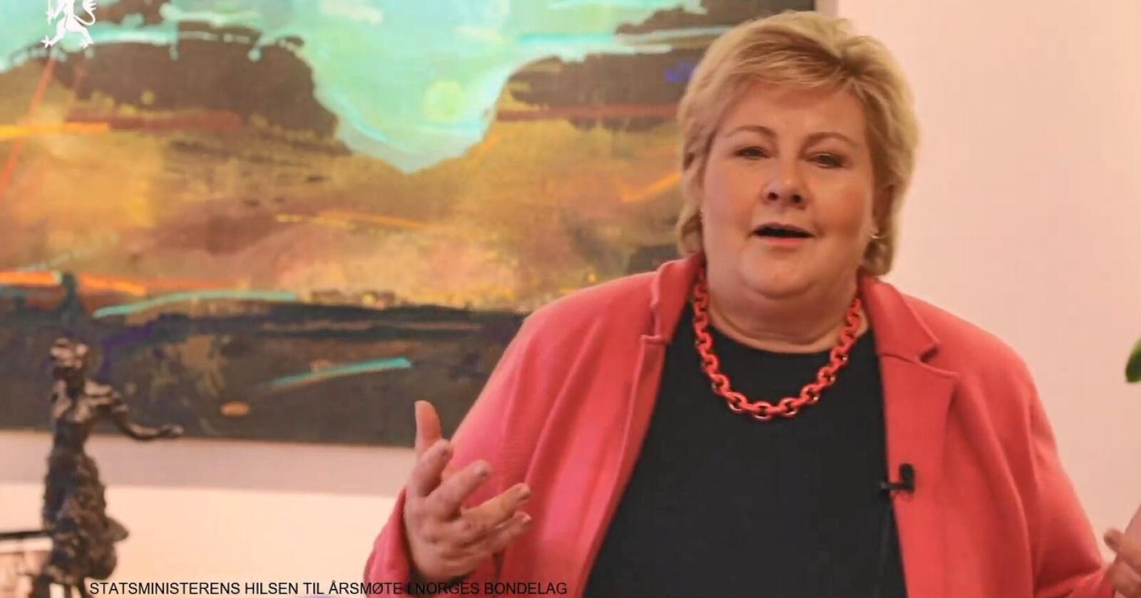Helsingstale: Statsminister Erna Solberg (H) talte til Bondetinget via nettvideo. Foto: Skjermdump