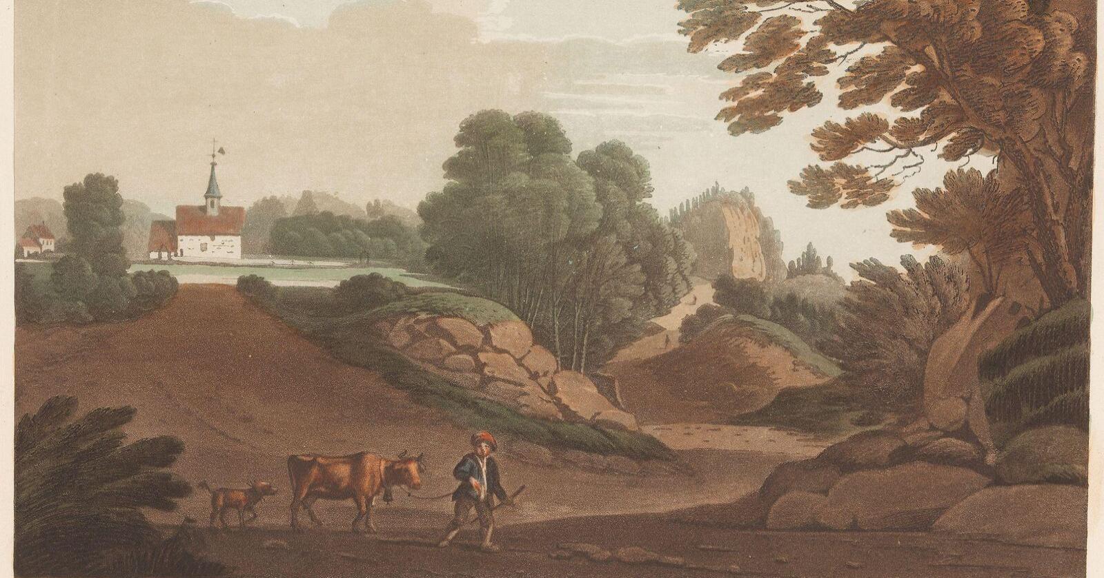 Deling av et jordområde i Bamble i Telemark i 1812 har nå endt i retten. Grafikk fra 1813 av John-William Edy viser Bamble kirke. Foto: Nasjonalmuseet