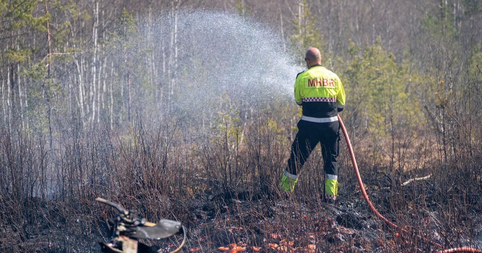 Skogbrannfaren på Øst- og Sørlandet vil øke i ukene fremover. Her slokker brannmannskaper en gressbrann på Terningmoen der forsvaret øvde med våpen. Foto: Terje Pedersen / NTB
