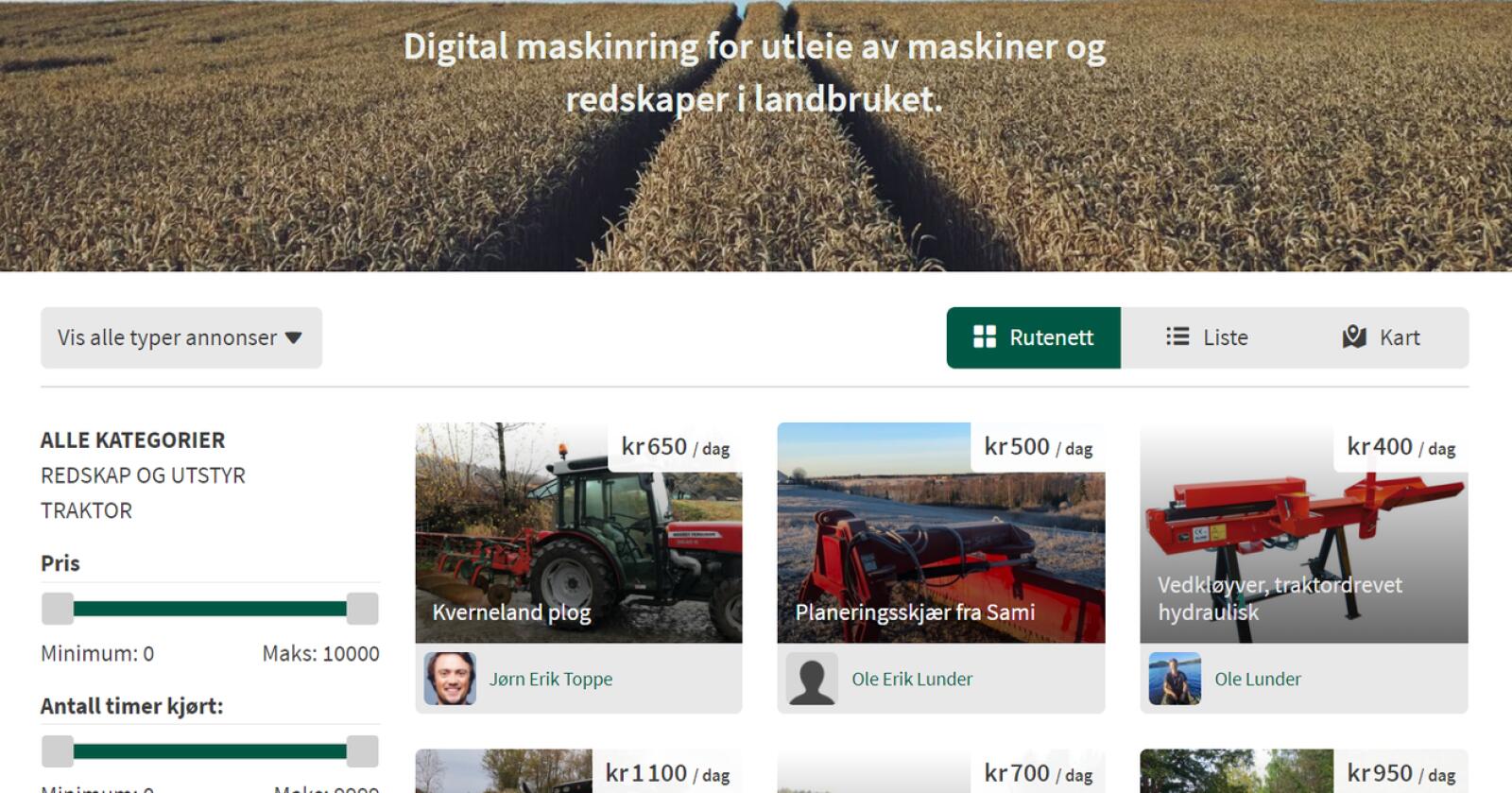 Landbruksformidling.no er en delingsplattform for maskiner og redskap. Foto: Skjermdump