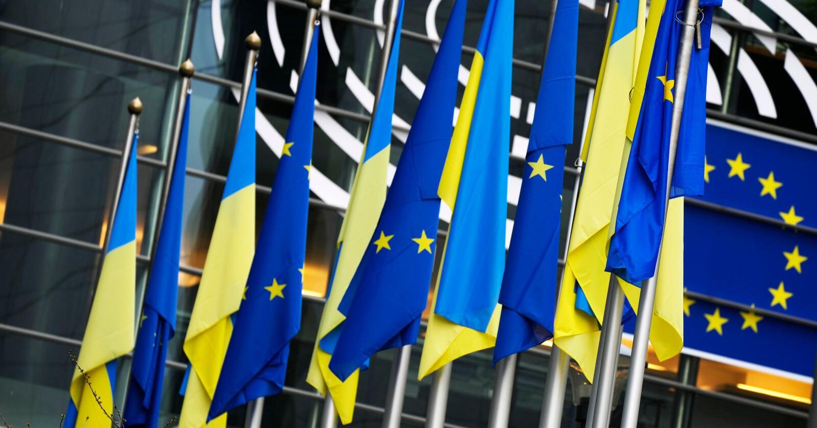 Garantist for fred: Det er ikke tilfeldig at Ukraina ber EU om hastemedlemskap. I over 70 år har EU vært en garantist for nettopp fred, frihet og et velfungerende marked, skriver Heidi Nordby Lunde. Her fra EU-parlamentet med både det Ukrainske og EUs flagg. Foto: Virginia Mayo / AP/ NTB