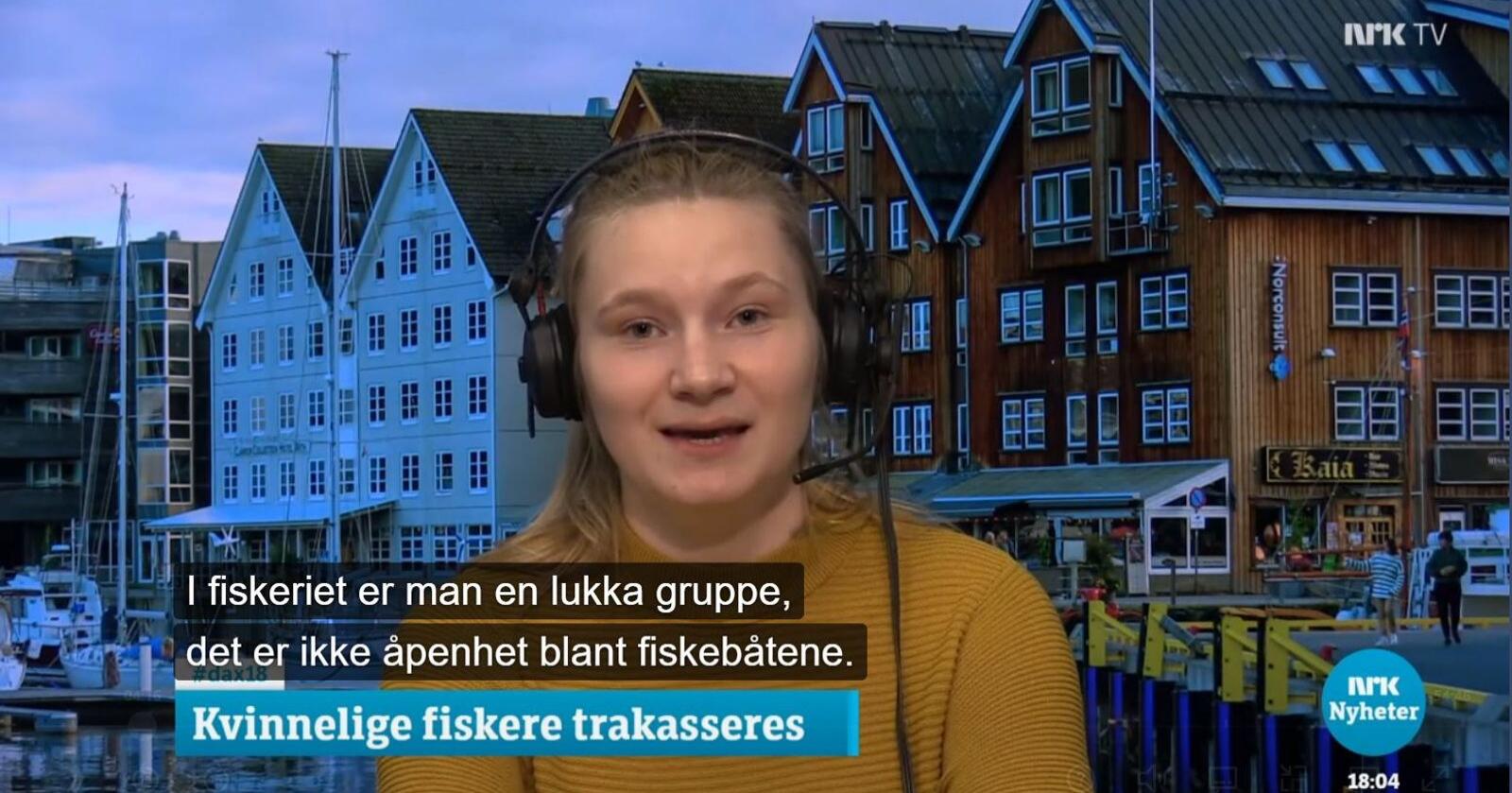 Susanne Mortensen fortalte om sine opplevelser som kvinnelig fisker på NRKs Dagsnytt 18. Trakassering er brudd på Arbeidsmiljøloven. Foto: Skjermdump fra NRK